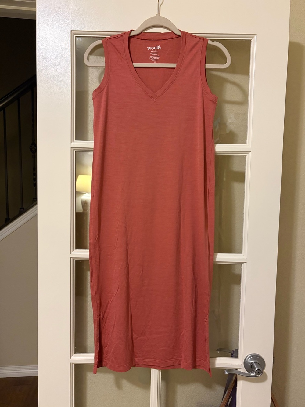 wool& milena merino wool v-neck sleeveless midi dress in dusty cedar - Picture 1 of 3